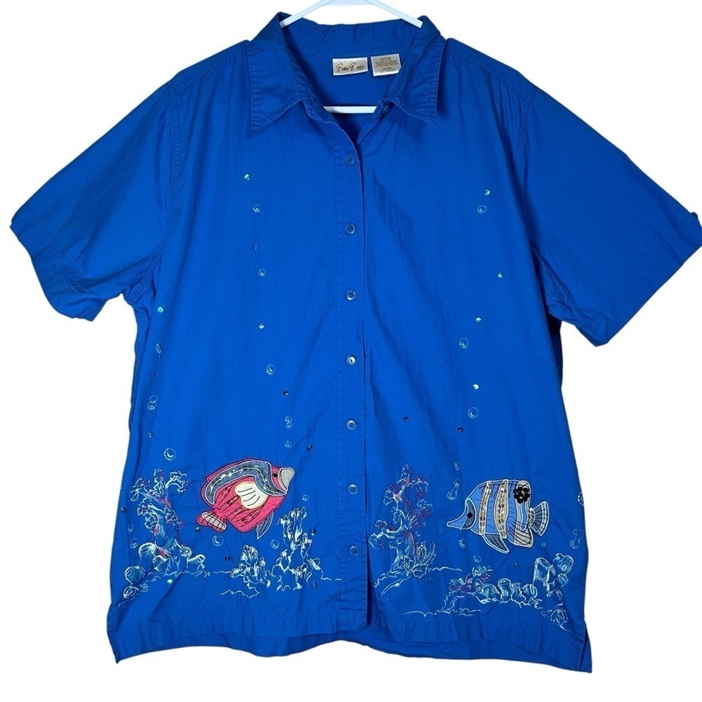 VTG Bobbie Brooks Woman Plus Sz Sequin Fish Button-up Shirt Blue Cotton 14W/16W